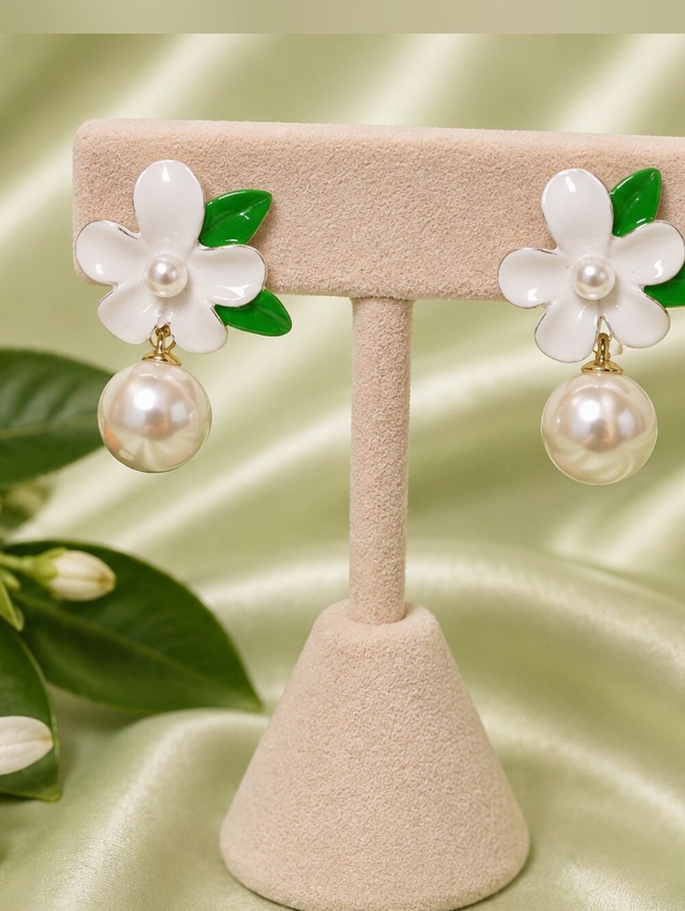 White  Orange Blossom Flower Pearl Drop Earrings - Floral Women Jewelry